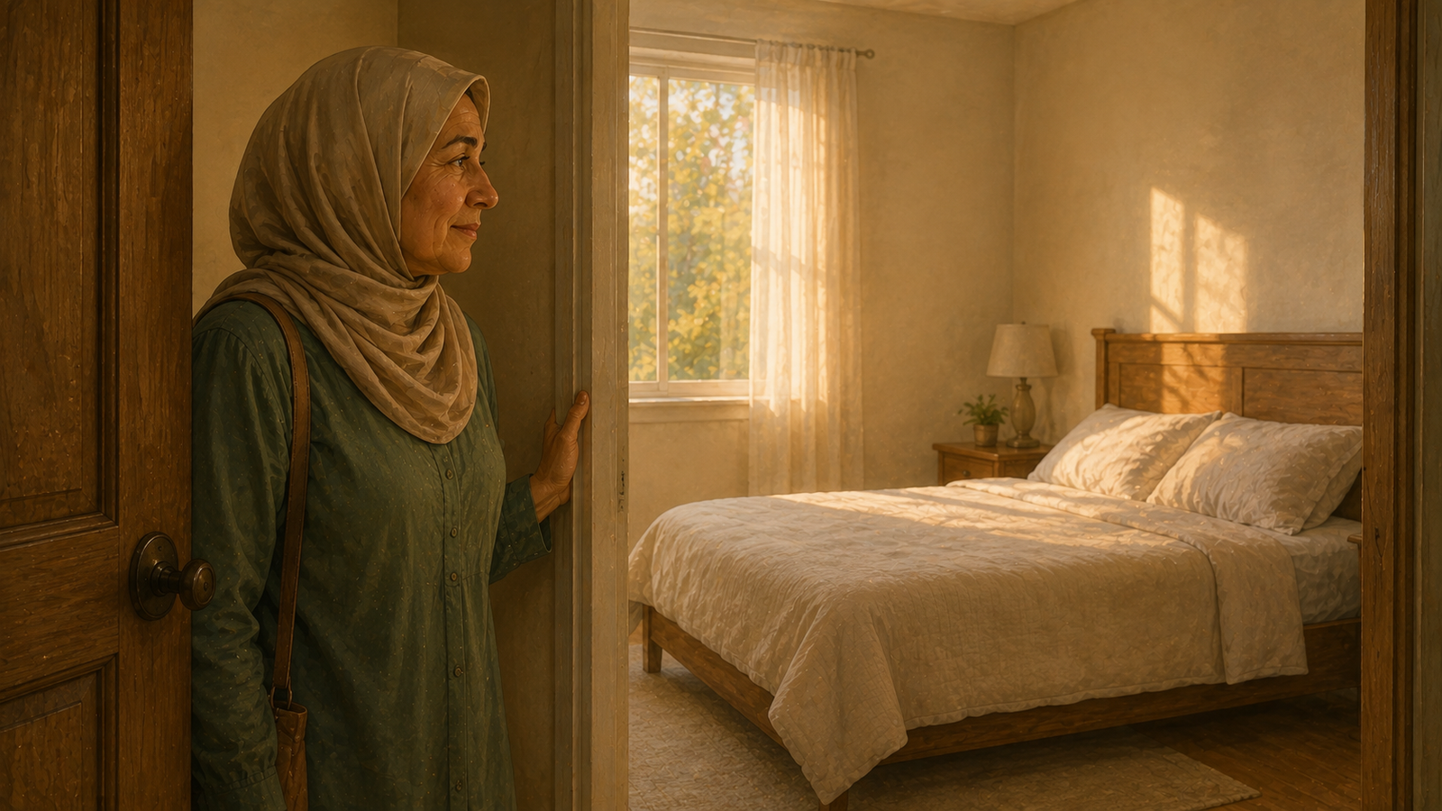 Huda standing in her daughter's empty bedroom doorway, feeling the quiet house