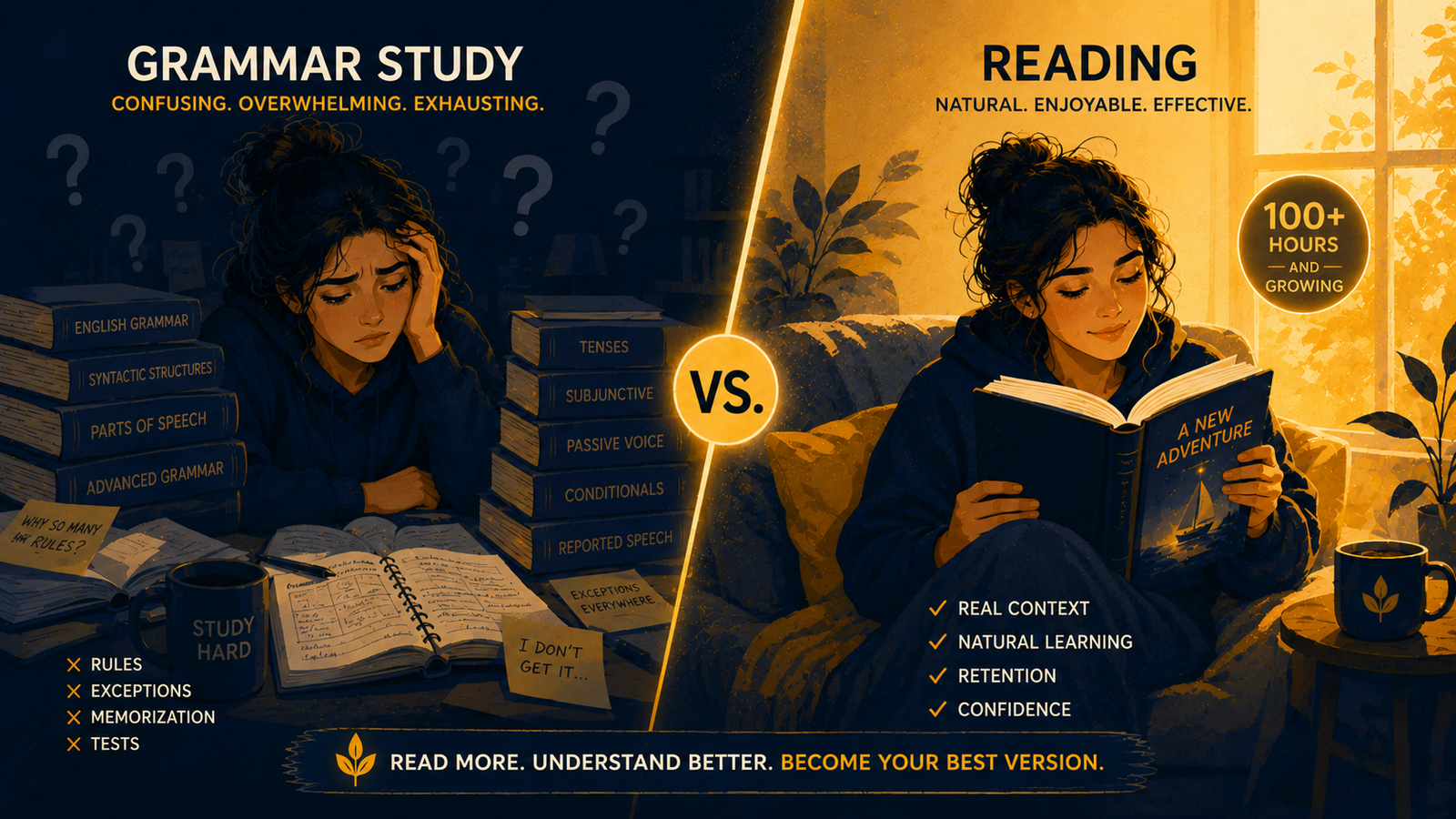 A learner enjoying an English story instead of studying grammar rules