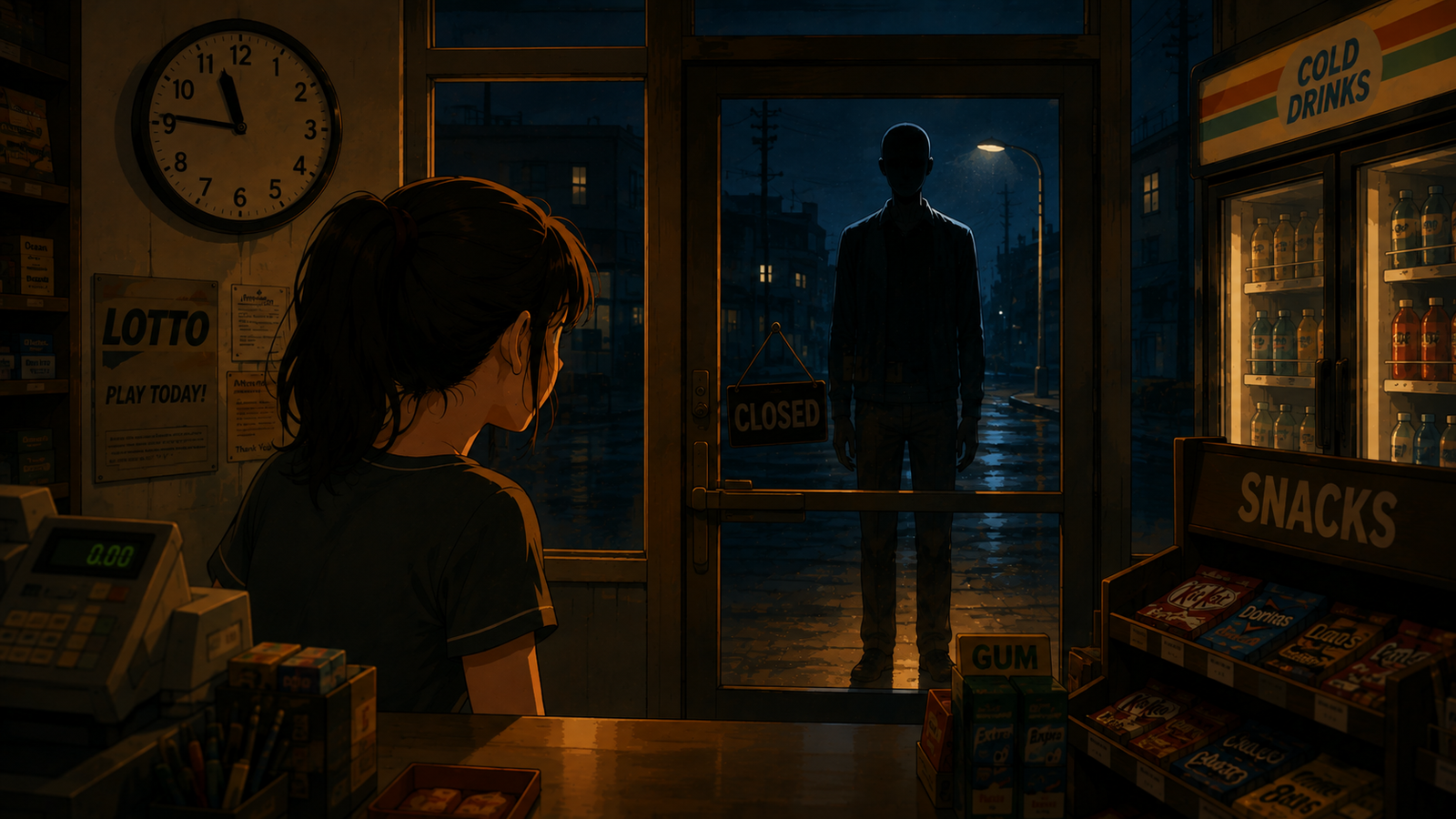 A shadowy figure standing closer to the front door of the corner store at night
