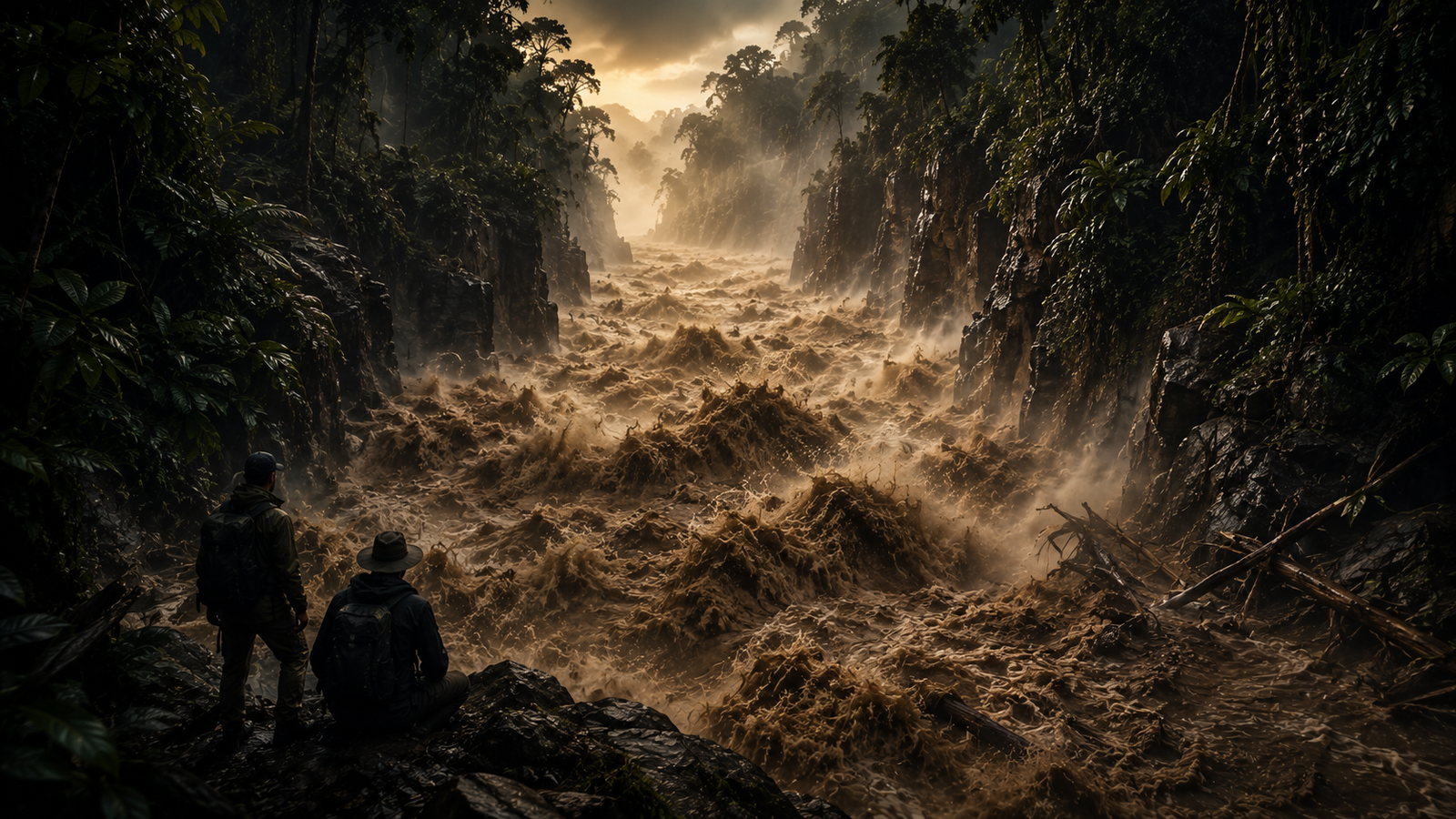 A wall of brown floodwater surging through a narrow rainforest river channel