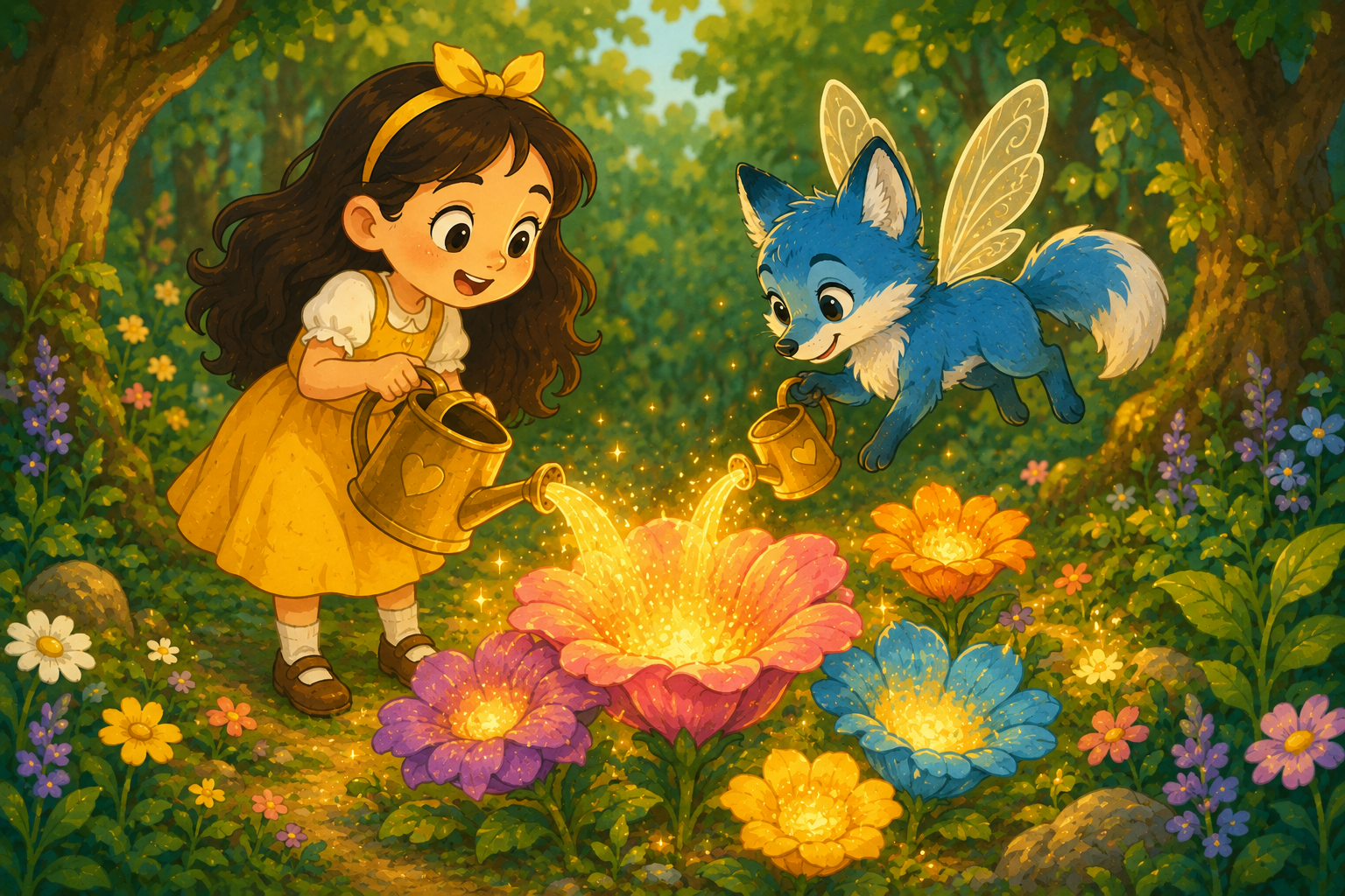 Mia and Ren walking through a glowing forest with mushrooms and fireflies searching for sunlight drops