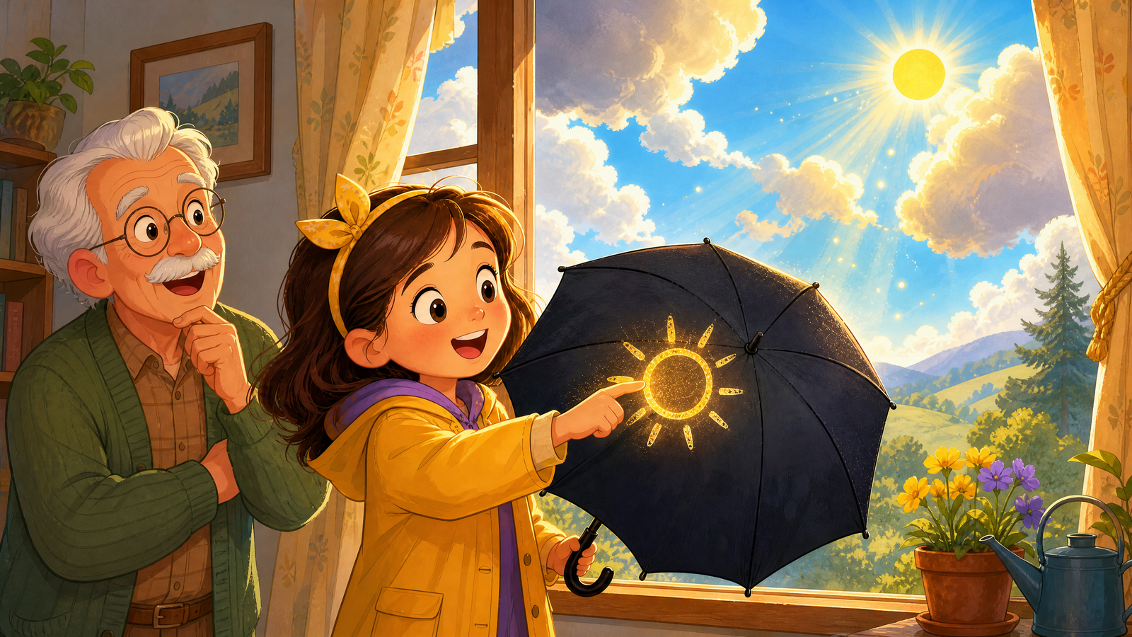 Farah's grandfather watches in surprise as she controls clouds and sunshine with the magic umbrella