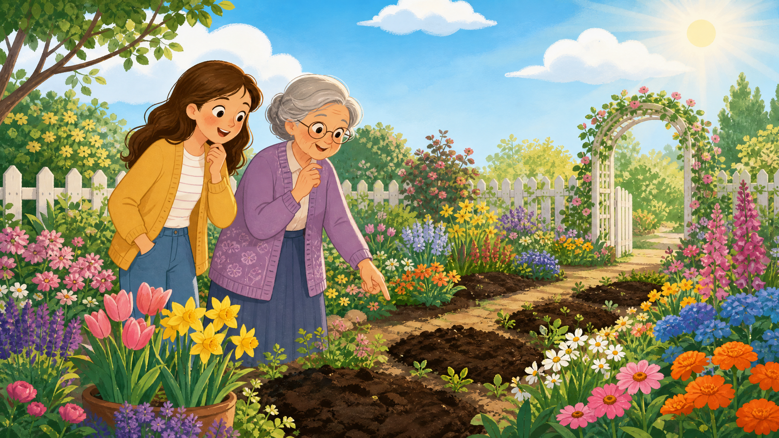 Grandma amazed at the blooming garden with fresh flowers and no weeds