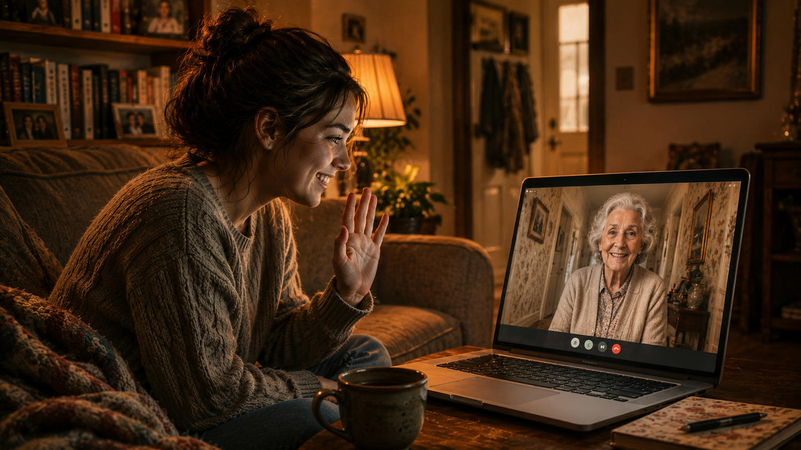 Rania on a video call with her grandmother, an antique mirror on the wall behind her