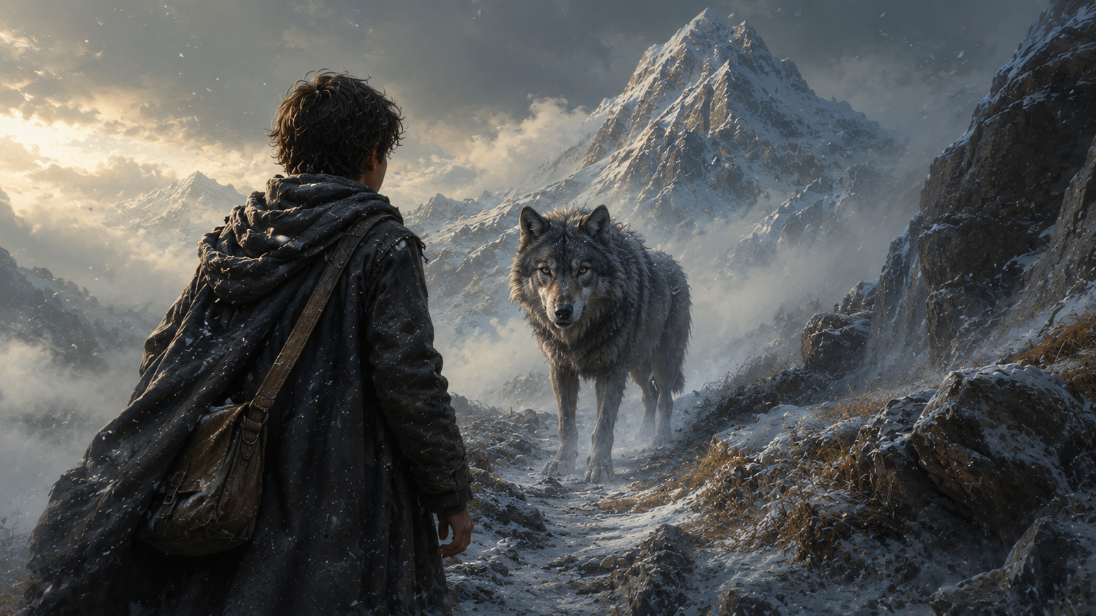 A grey wolf blocking Kai's path on the mountain trail near Silver Peak