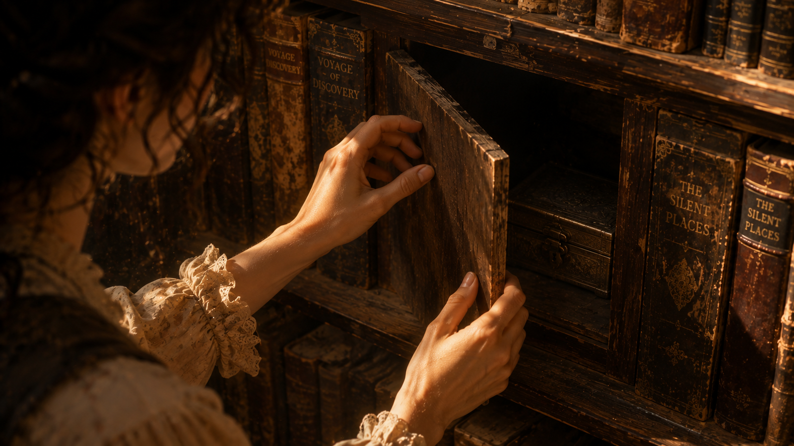 A hidden metal box found behind a secret panel in the bookshop's poetry shelf