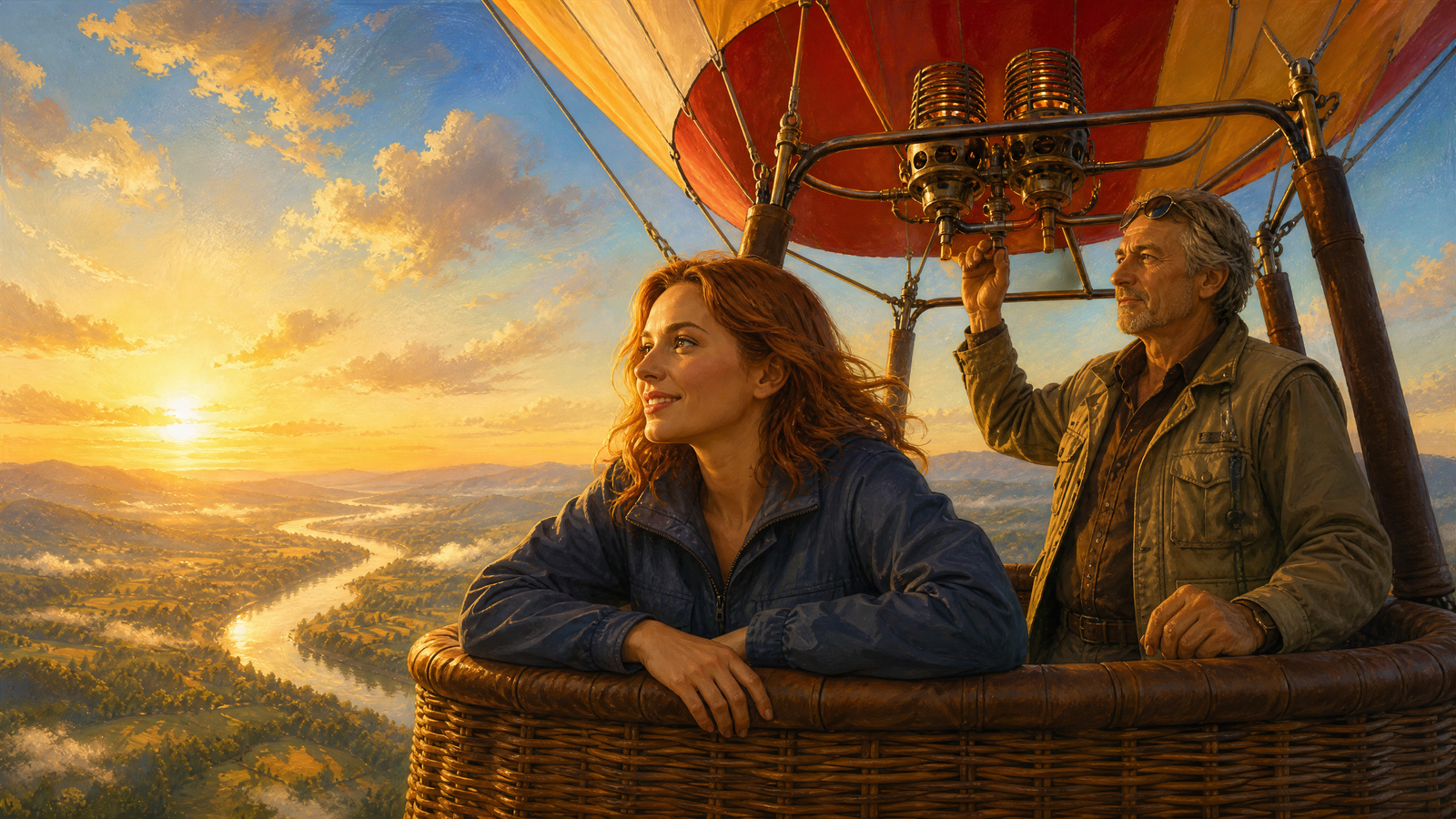Hot air balloon rising over a golden valley at sunrise