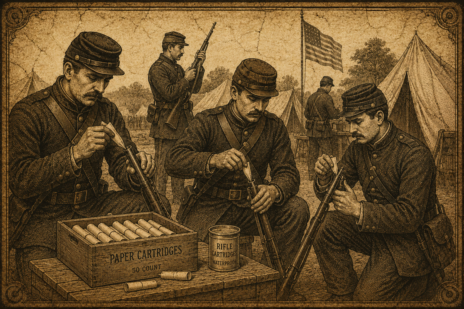 Historical illustration of soldiers during the Indian Rebellion of 1857 with paper cartridges