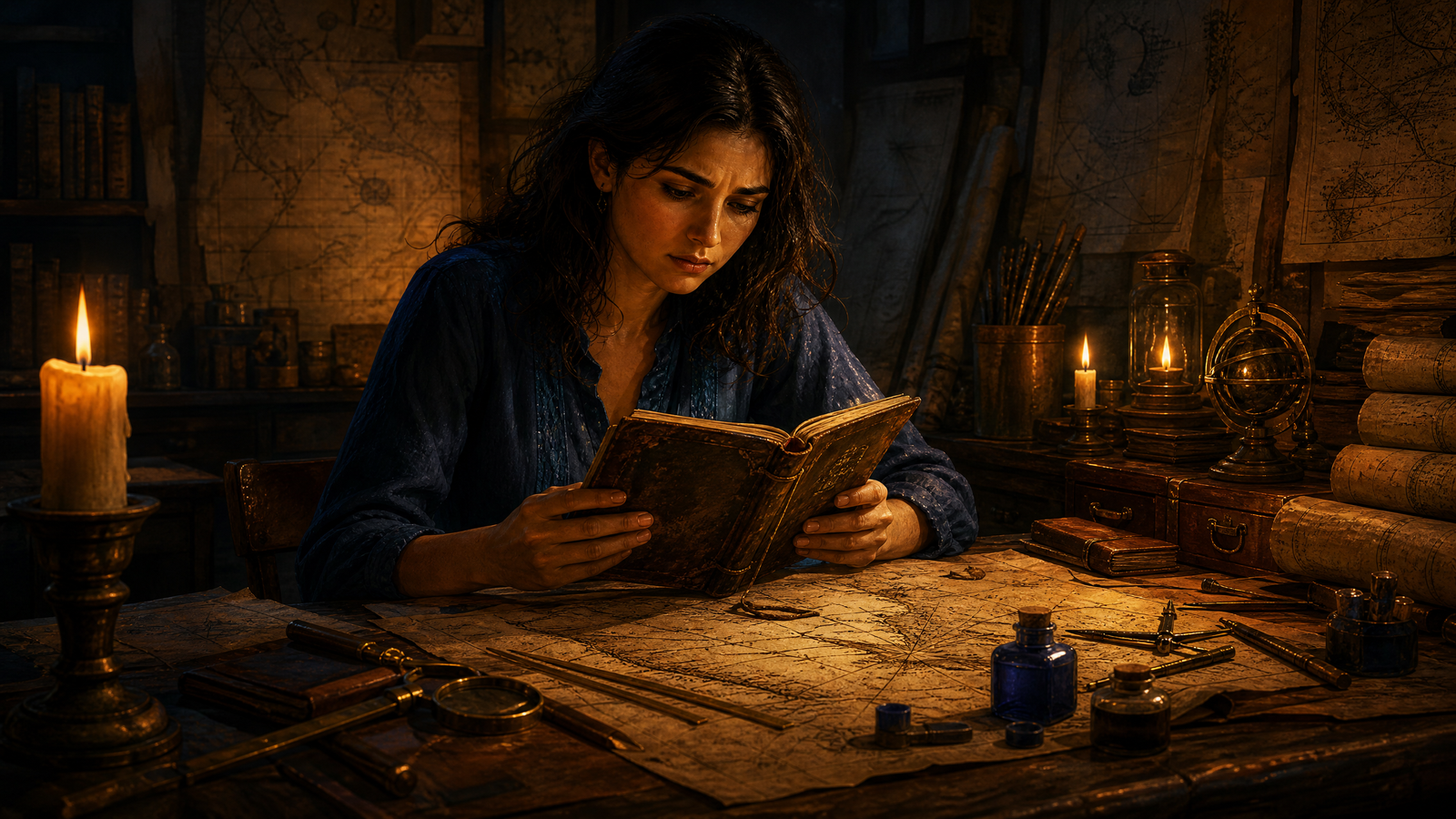 Ines reading her father's notebook in the cartography workshop, discovering the secret of the magical ink