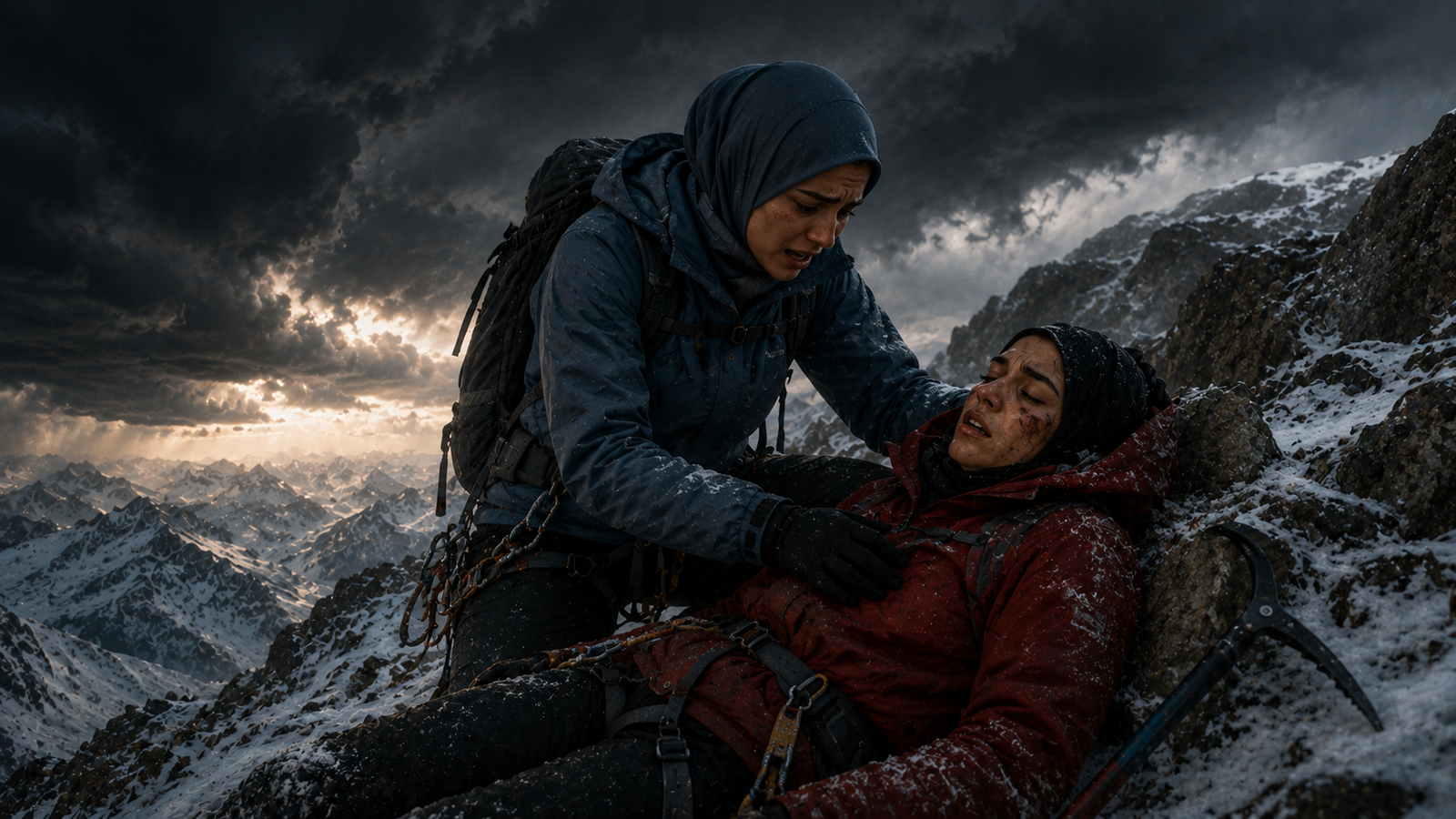 Injured climber sitting on loose rocky scree with storm clouds approaching