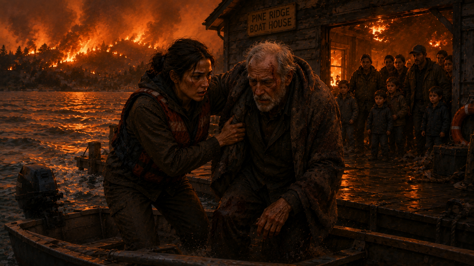 An injured man sitting beside a burning boathouse as a rescuer helps him stand