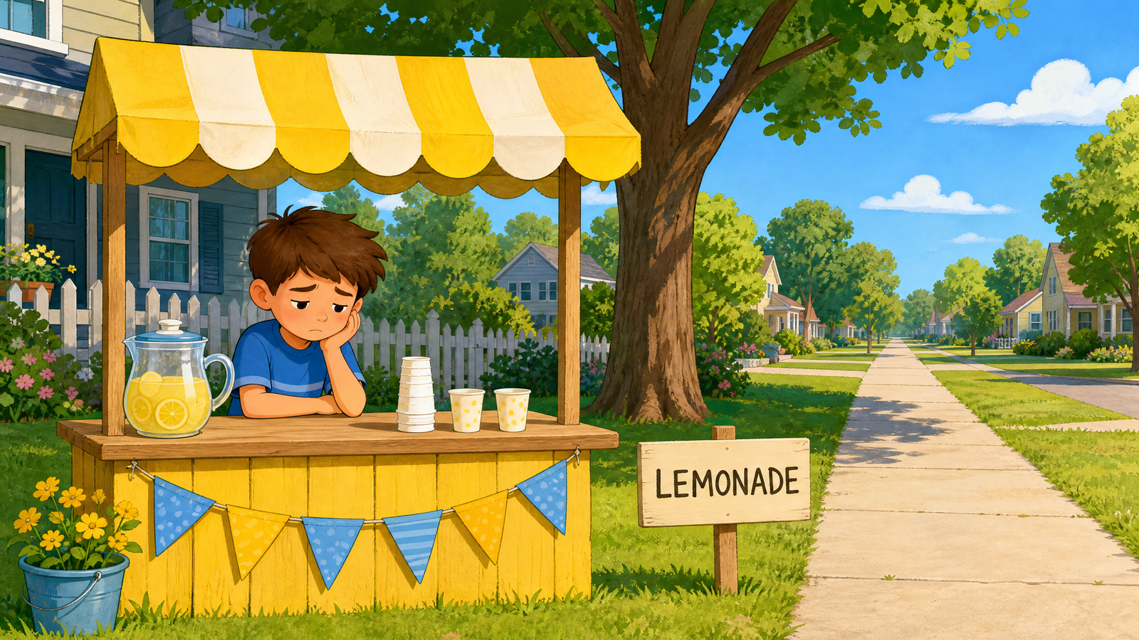 Kareem sitting alone at his lemonade stand with no customers, waiting under the sun