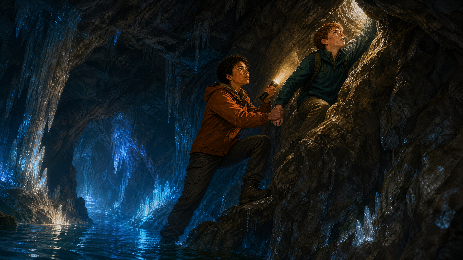 Karim hesitating at the base of the narrow high passage in the flooding cave
