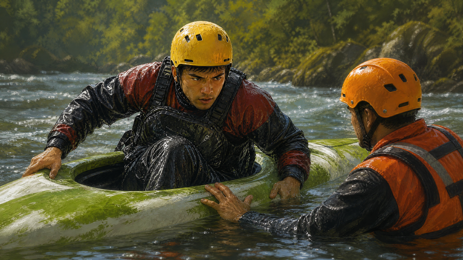 Safety volunteer helping Yusuf get back into his overturned kayak