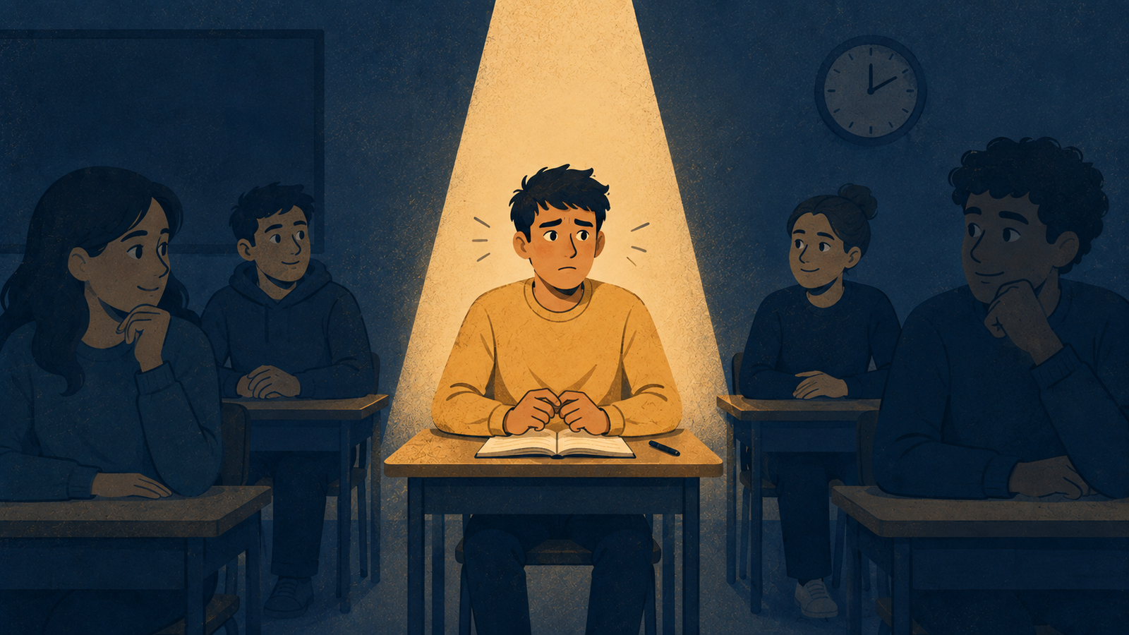 A discouraged English learner after being corrected in front of the class, showing the effect of pressure on the Silent Period