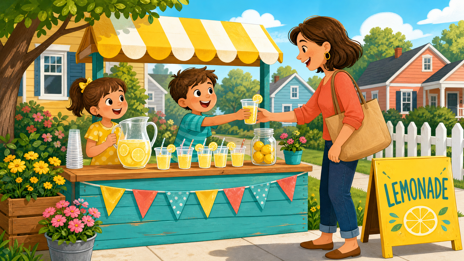 Layla talking to her brother Kareem about his lemonade stand's small sign and location