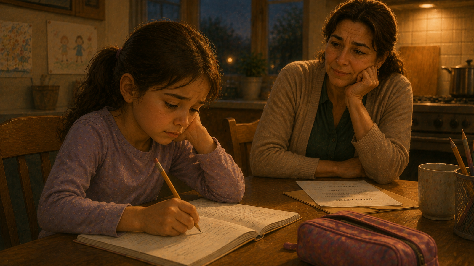 Layla practicing handwriting at the kitchen table while Yasmin cooks