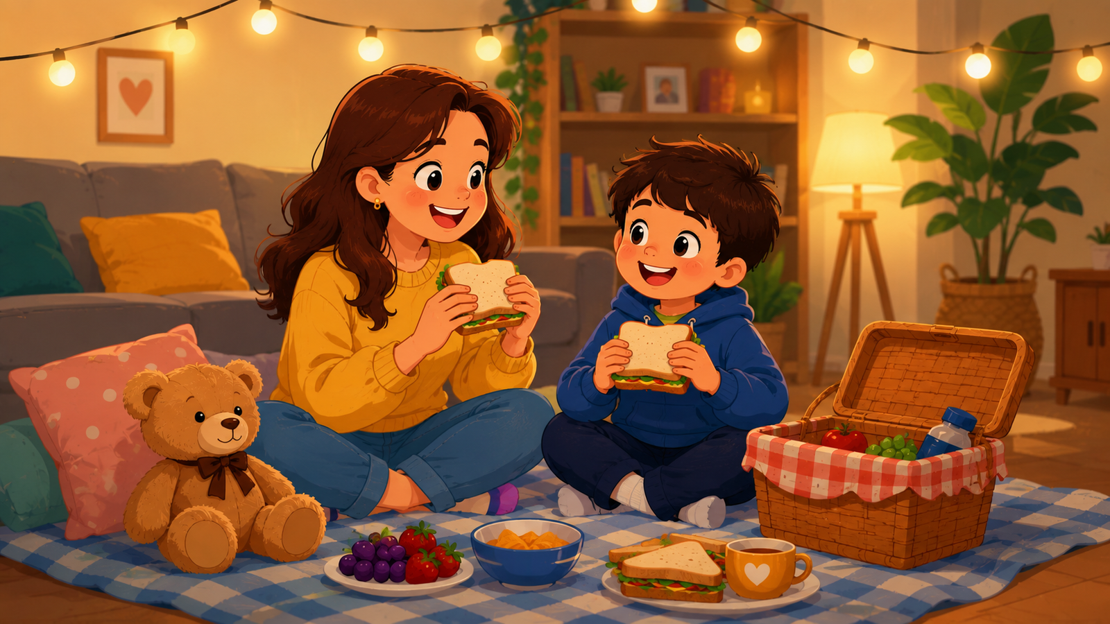 Leo and his mom having a cozy indoor picnic on a blanket with string lights, A1 English story
