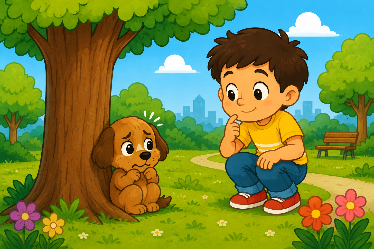 A small brown dog sitting scared behind a tree on Willow Street
