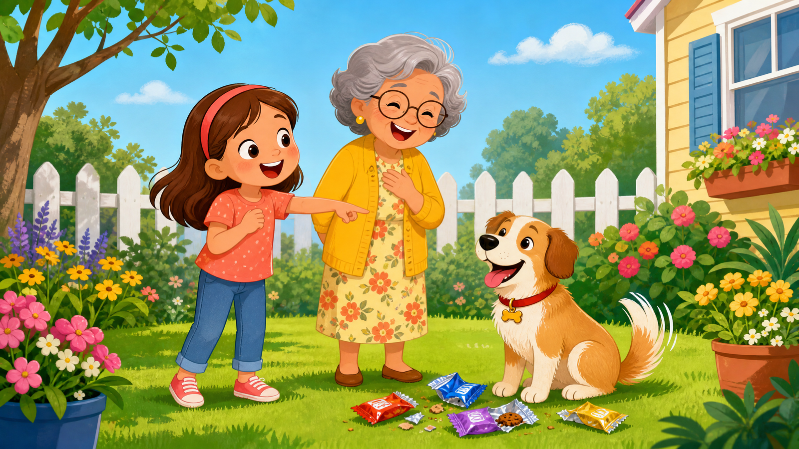 Max the dog sitting by cookie wrappers in the yard