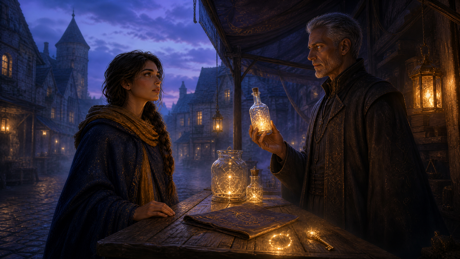 The silver-eyed merchant at the Waking Drops stall in the magical market