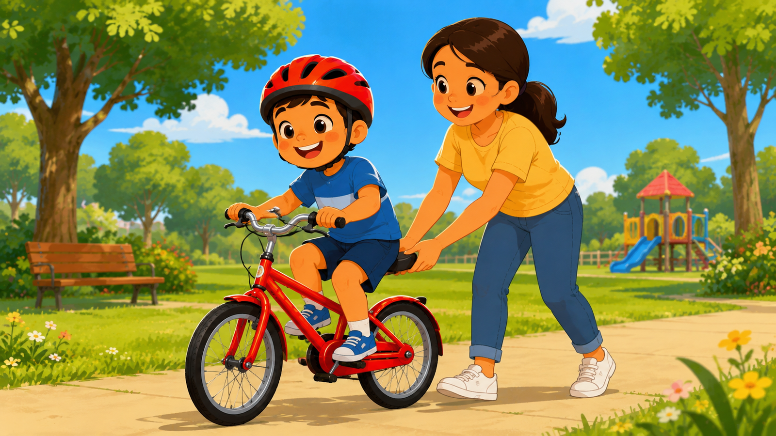Mom holding the bike while Ali pedals slowly in the park