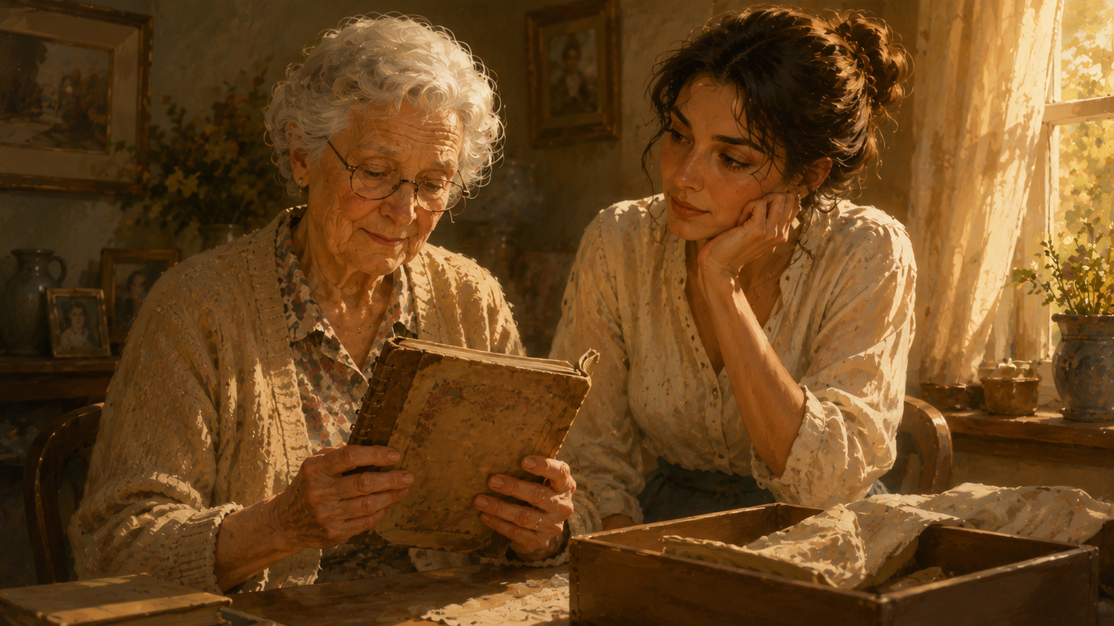 Dalia's mother holding an old, worn recipe notebook