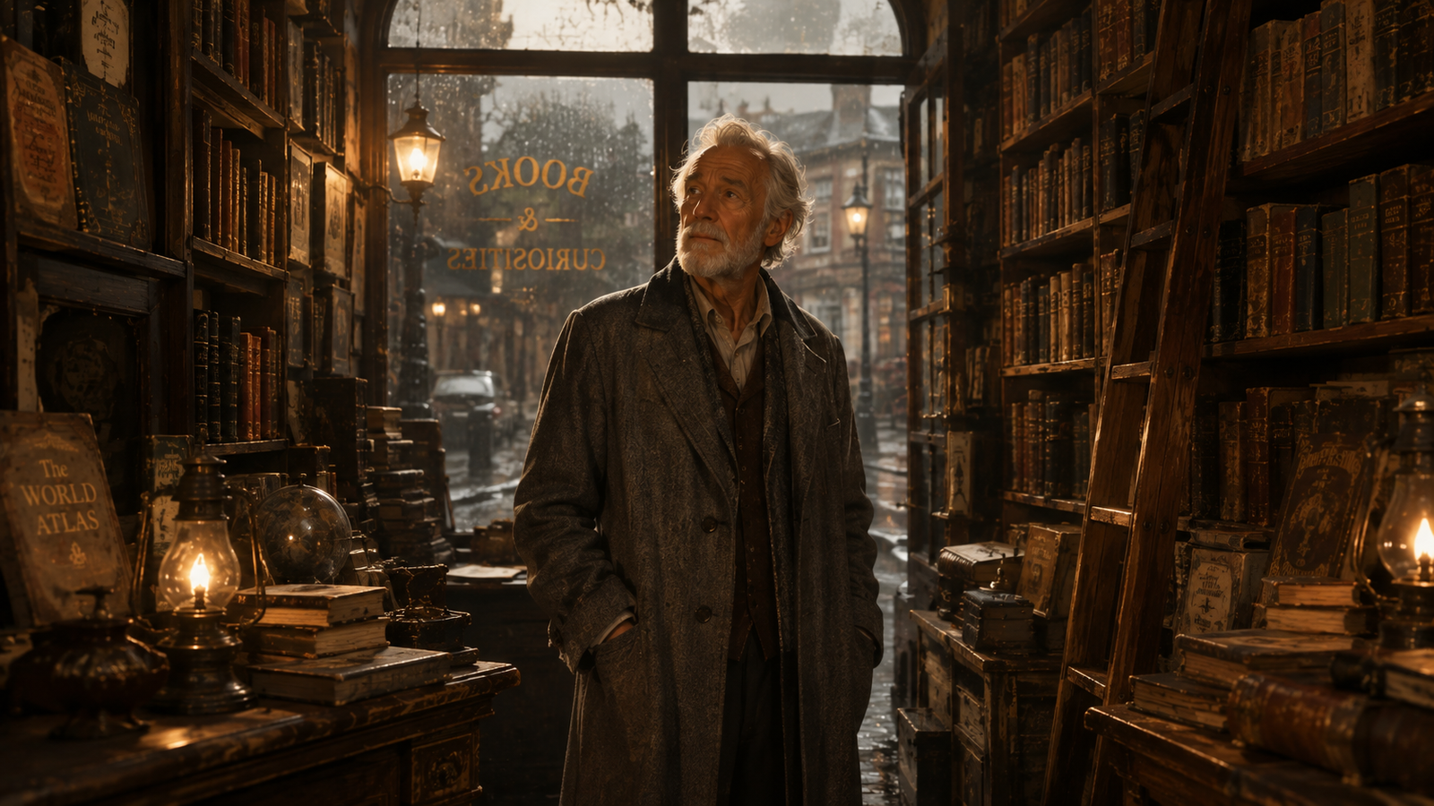 An elderly man in a grey coat entering the dusty old bookshop