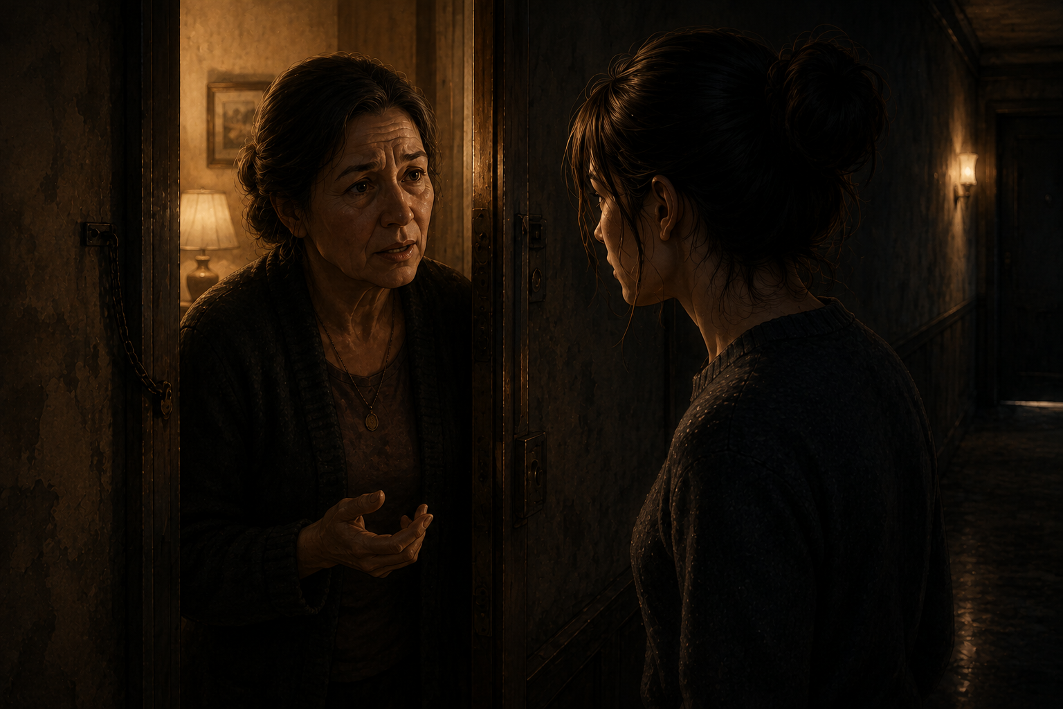 Mrs Kowalski whispering to Emma about the frightened former tenant Lena