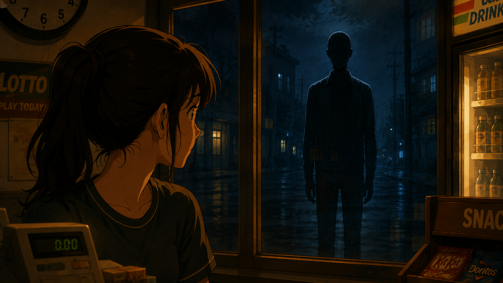 A tall thin shadowy figure standing outside a store window at 11:47 PM, staring inside