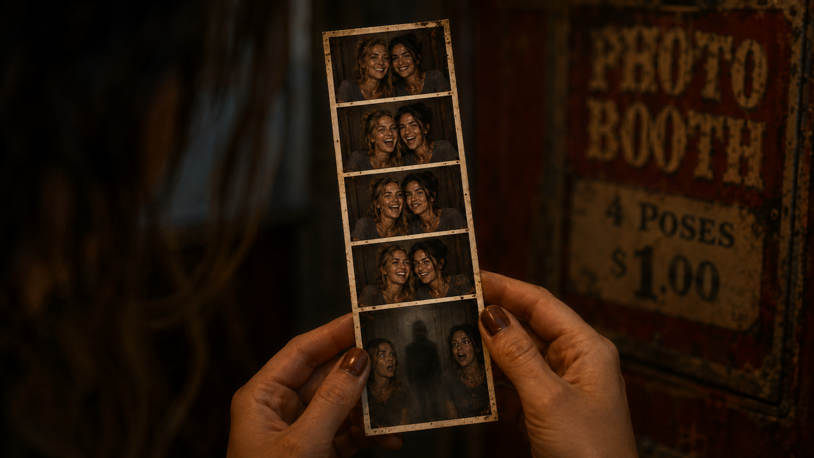 Photo strip showing a mysterious blurred figure standing between the two friends in the fifth frame
