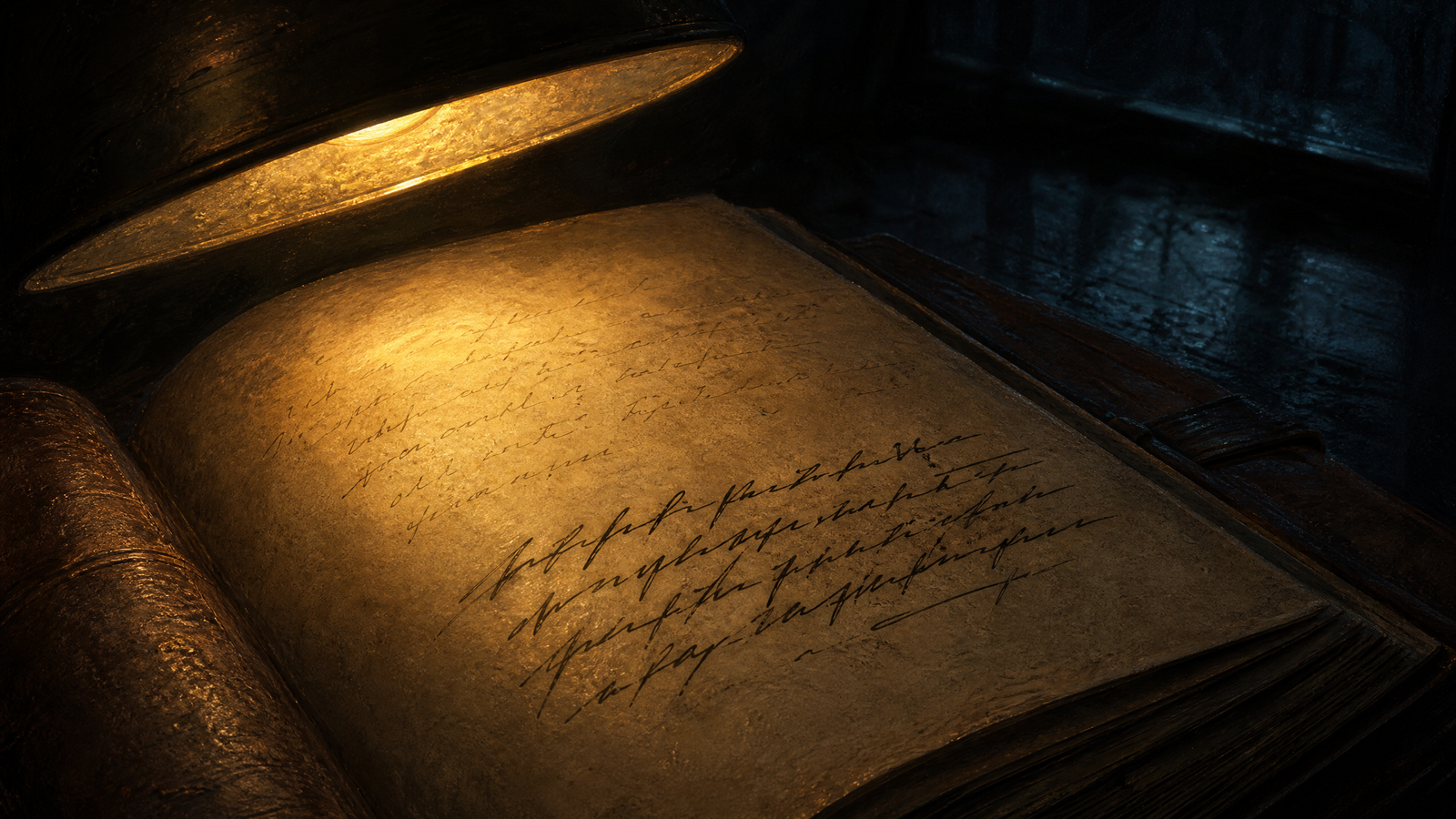 Close-up of fresh handwriting appearing mysteriously in an old journal at night