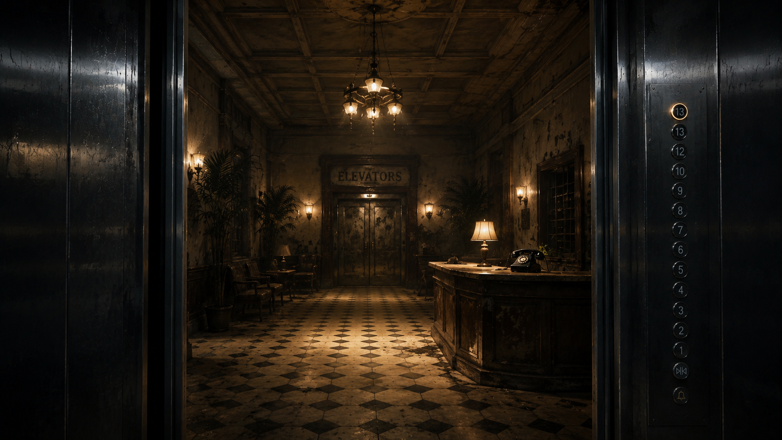 Dim, dusty replica lobby floor revealed behind the elevator doors on the mysterious thirteenth floor