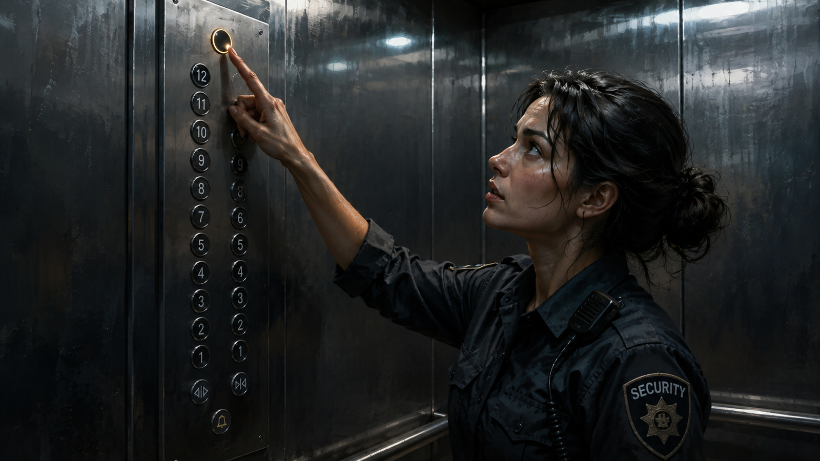 Security guard Fatima standing in the empty elevator lobby of Larkspur Tower at night, staring at the mysterious thirteenth button