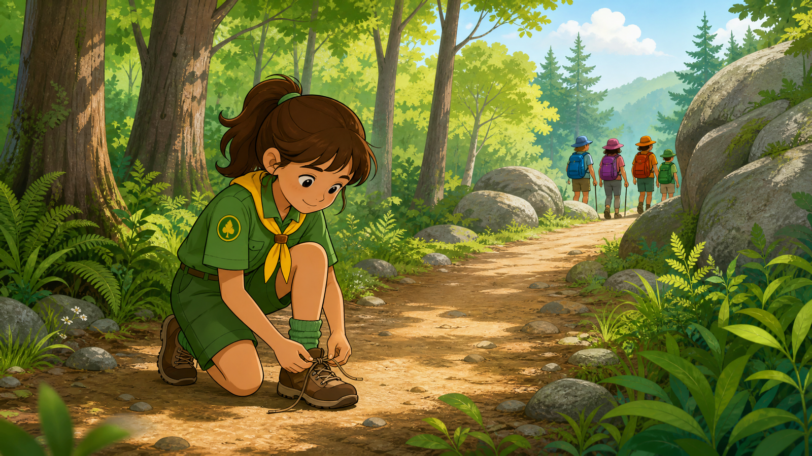 Noor alone on the forest trail after the scout group disappears around a bend