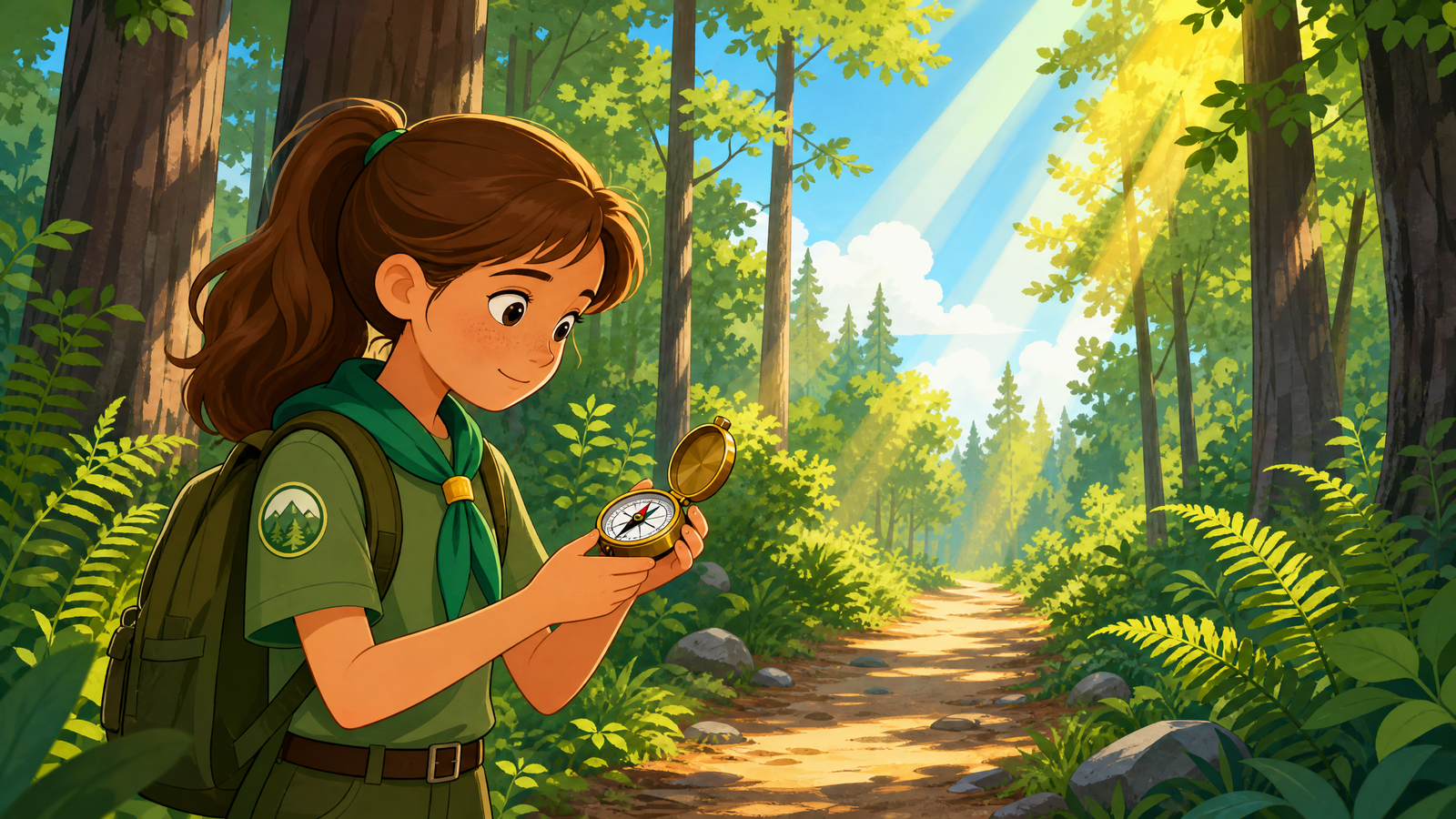 Noor checking her compass to find her way northeast through Pinewood Forest
