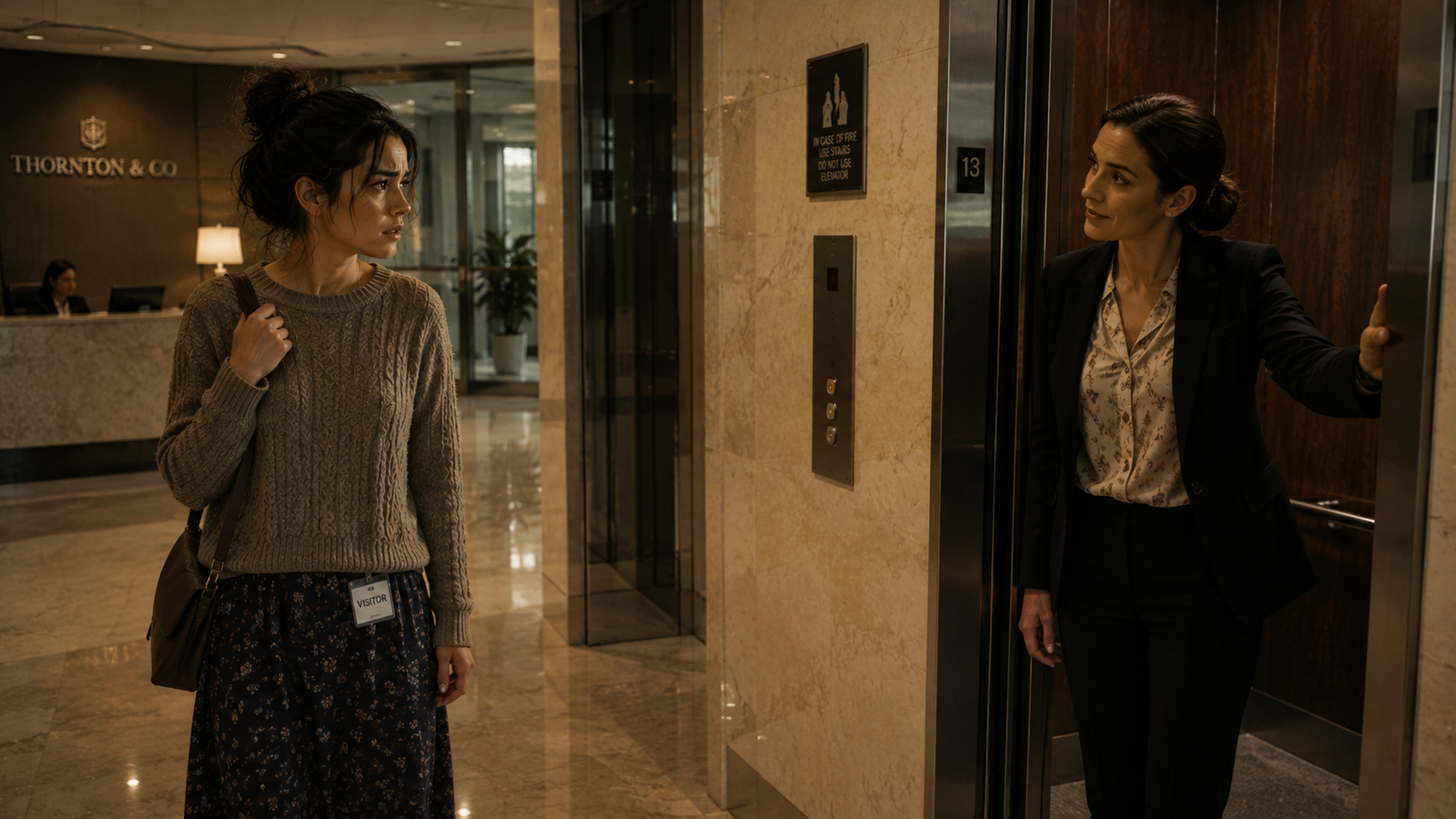 Noor hesitating in front of an elevator in her office lobby the next morning
