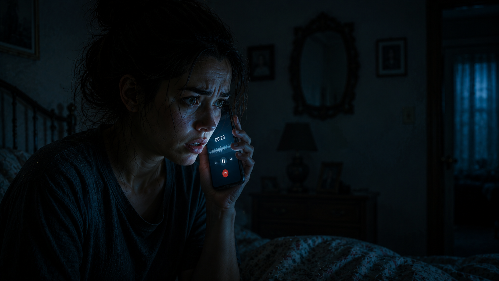 Noor sitting up in bed at night, shocked after hearing a frightening voicemail from her own number