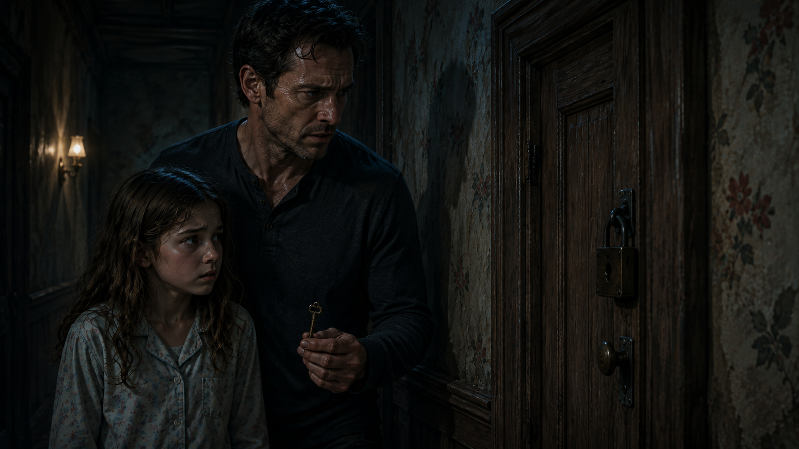 Nora and her dad standing outside the locked door holding the old brass key