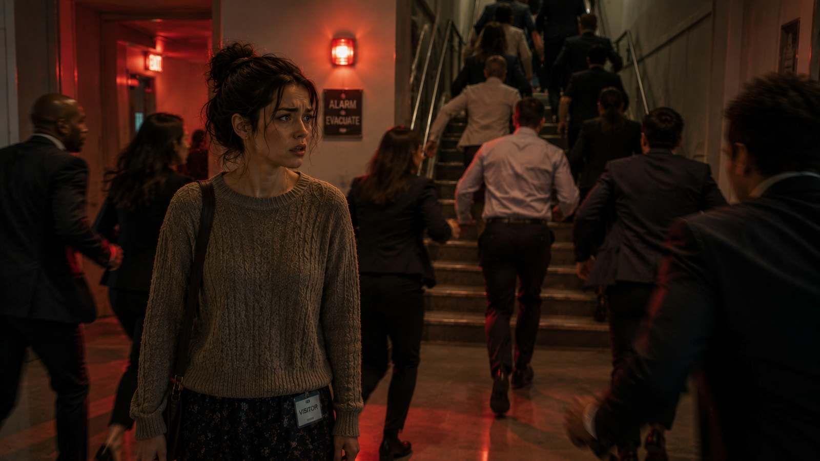 Coworkers gathered in a stairwell after the office elevator gets stuck