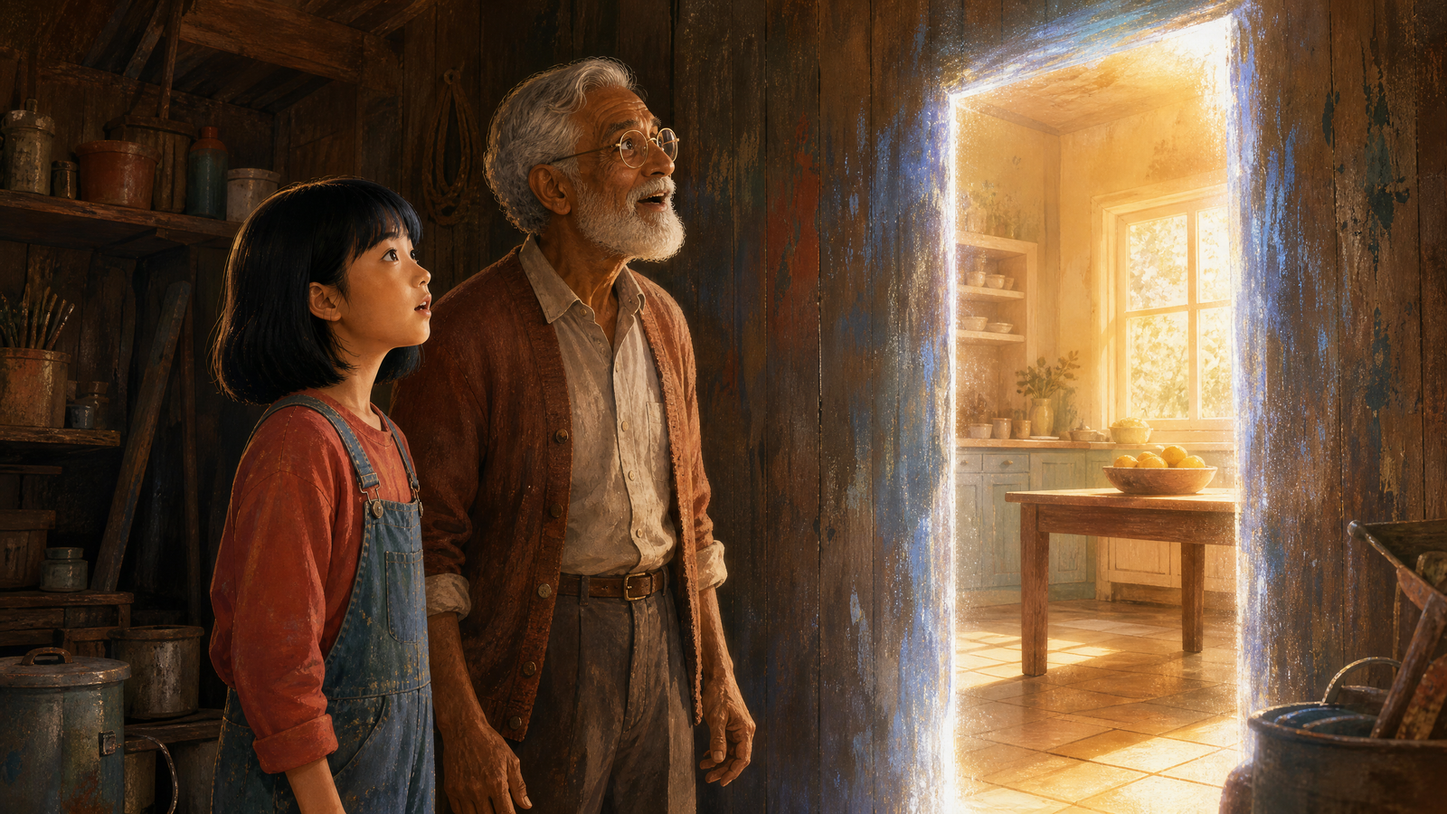 Old Boone the retired sailor examines the magic paint tin and warns Sena about its unpredictable doors