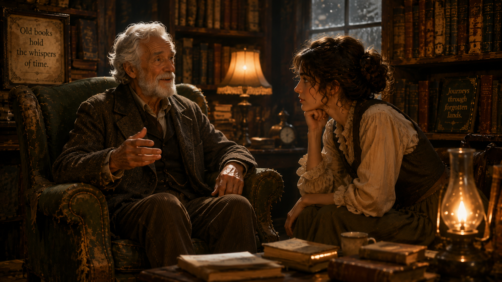 Mr. Whitfield sitting in a green armchair telling Emma the story of the missing book