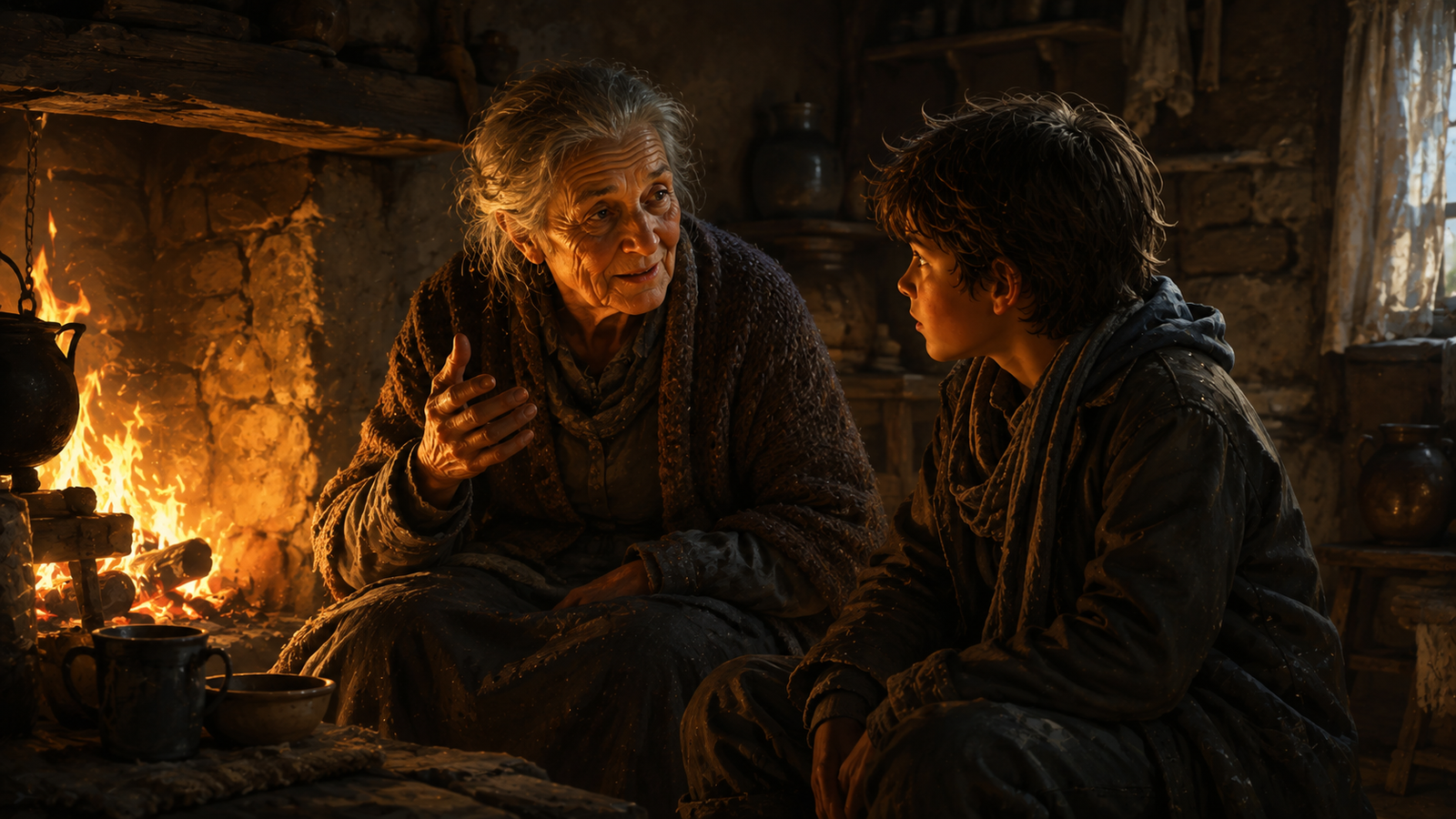 Old Greta sitting by her fire telling Kai the old story of the North Wind