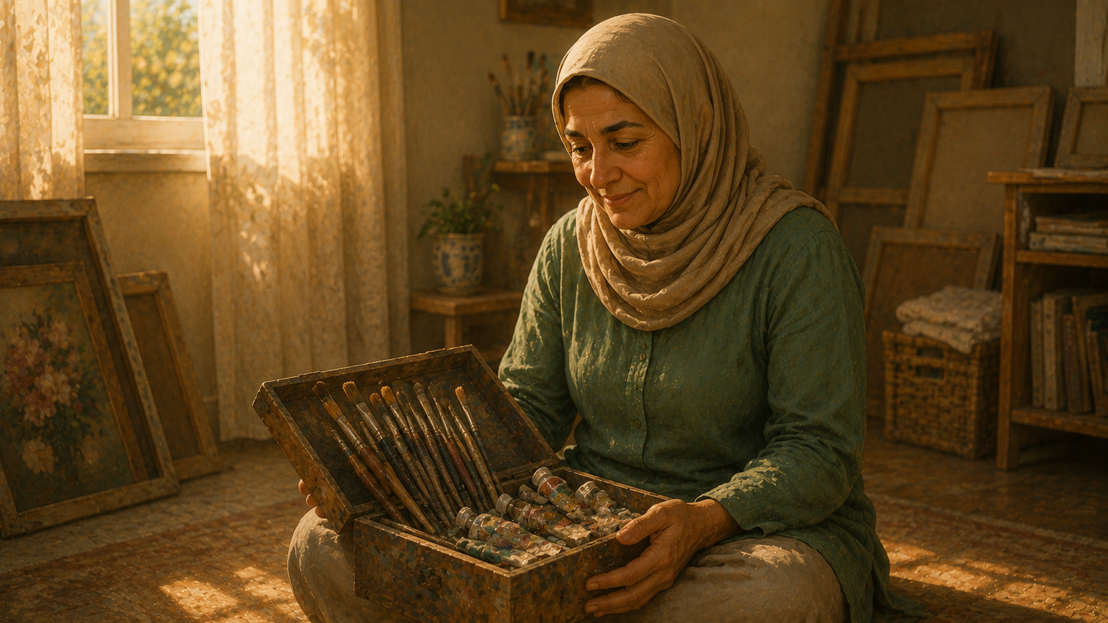 Huda holding an old paintbrush found in a wooden box in the spare room