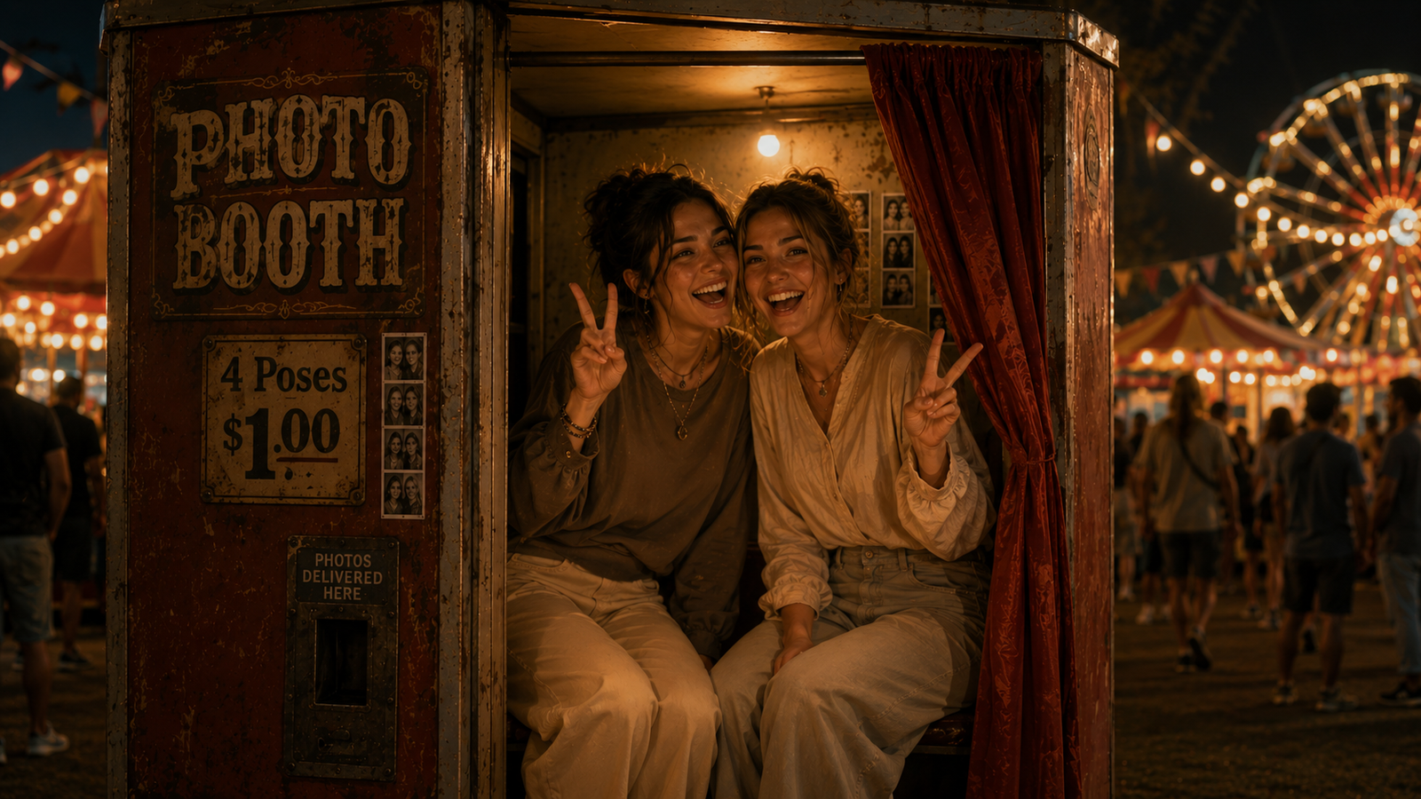 Lubna and Sara laughing inside an old-fashioned photo booth at the county fair