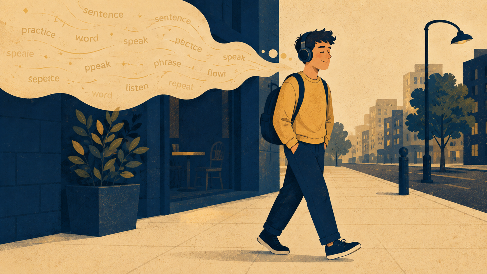 A learner silently rehearsing English phrases in their head while walking, illustrating private speech during the silent period