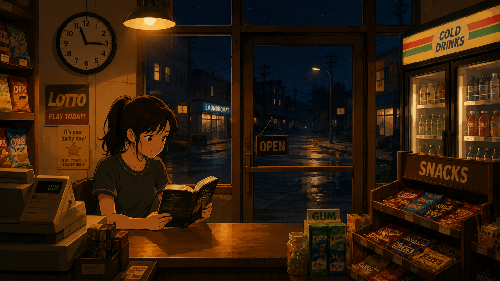 A dark, quiet street outside a corner store at night, seen through the window where Mia works alone