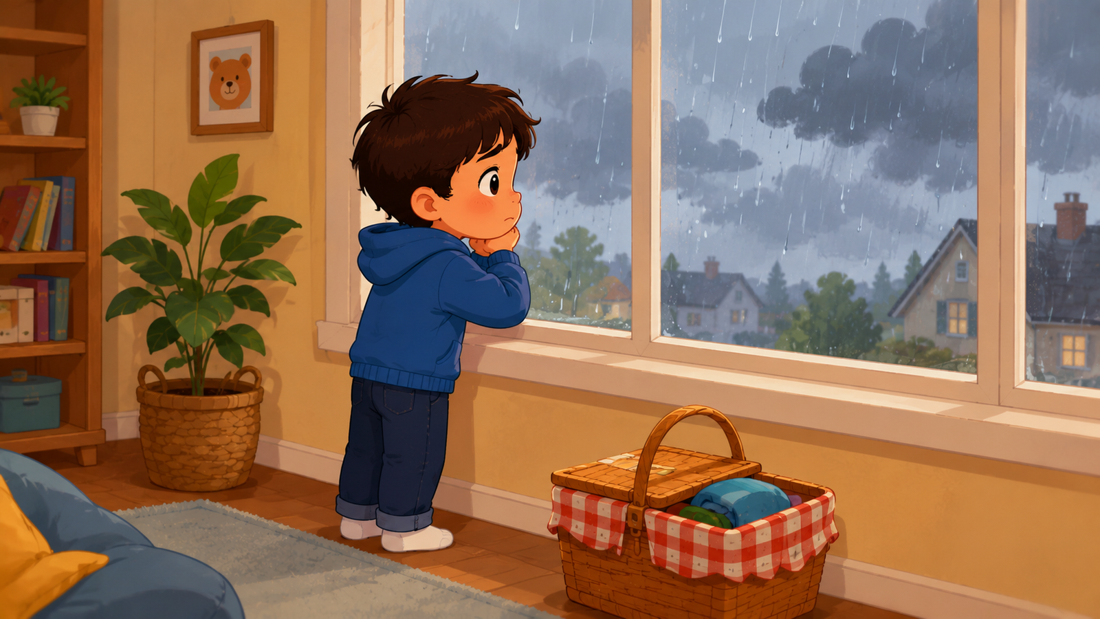 Rain falling on a window as Leo's picnic plans change, A1 English story The Rainy Day Picnic