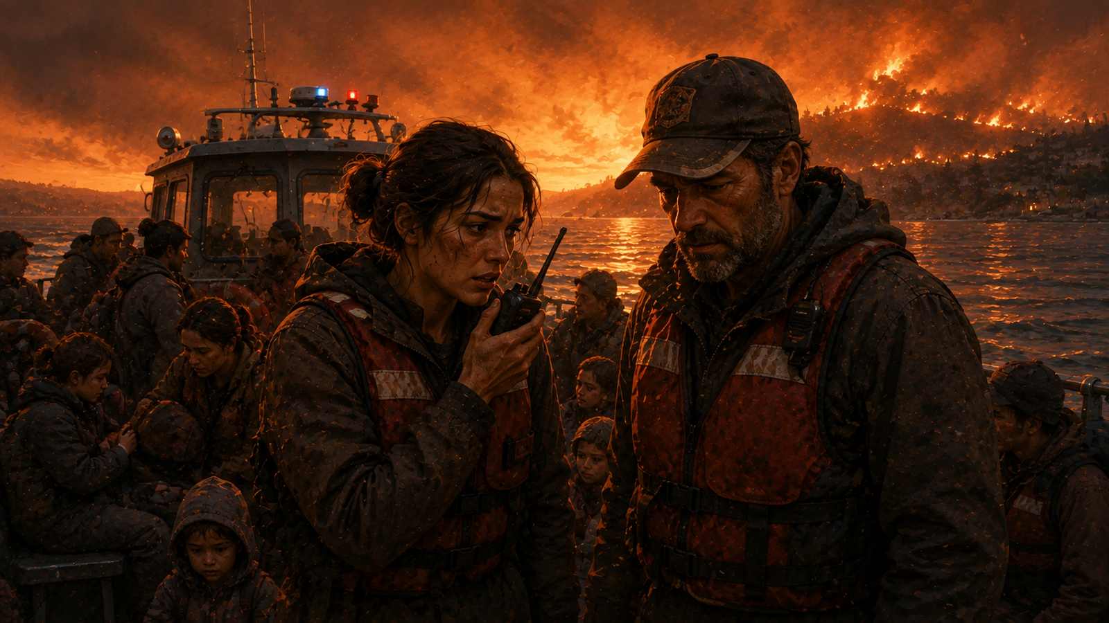 Rescue crew captain speaking urgently on a radio beside a crowded evacuation boat