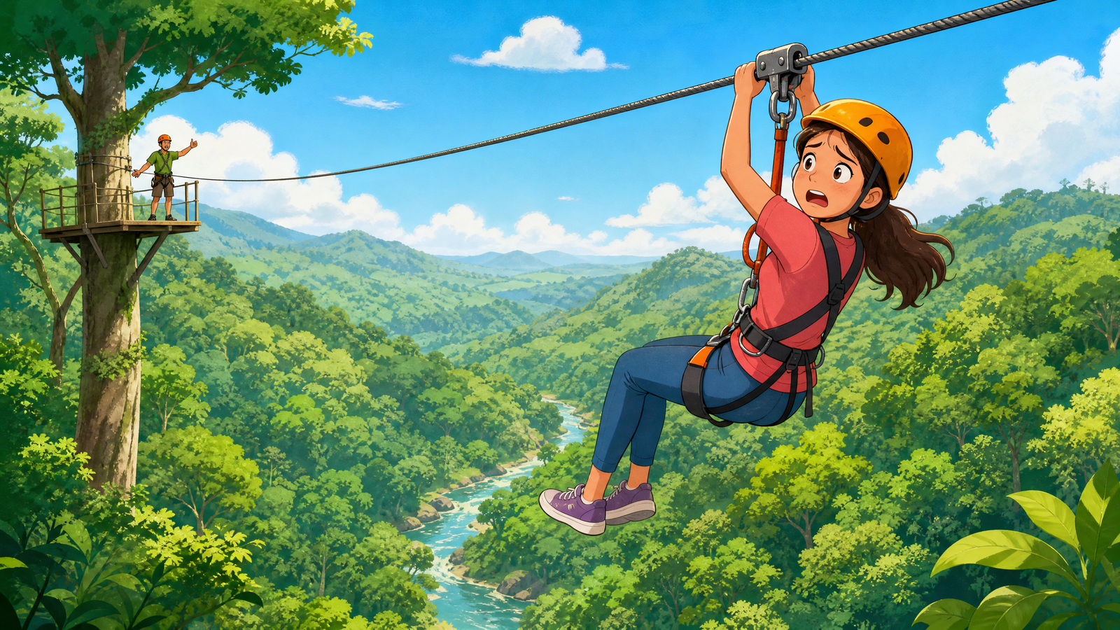 Rima hanging still on the zipline cable, stuck in the wind above the trees